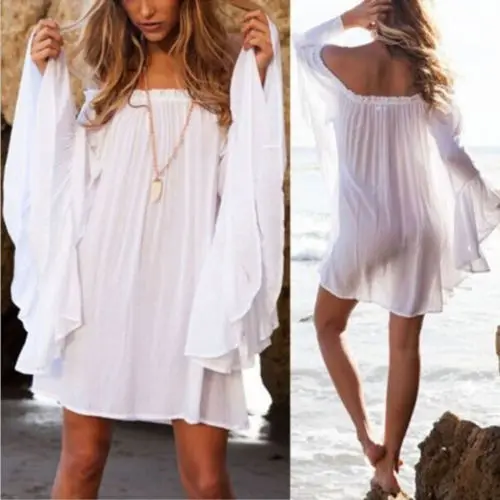 

Fashion Women Lady Boho Off Shoulder Mini Summer Beach Cover Up Smock Sundress Loose Tops Casual Summer Clothing