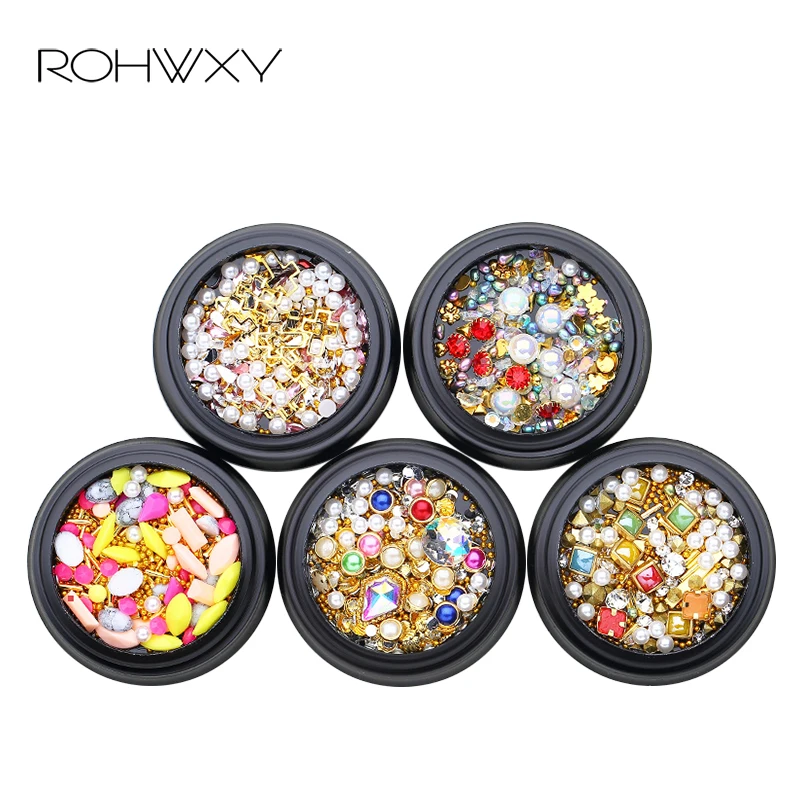 

ROHWXY 1 Box 3D Nail Art Decorations For DIY Irregular Glitter Rhinestones For Nail Mix Shell Pearl Nail Art Alloy Accessories