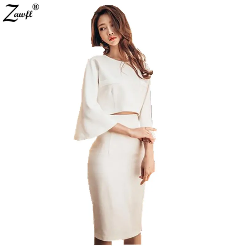 

ZAWFL Spring Sexy Halter Slim Package hip Party Wear To Work Pencil Sheath Suit skirt Crop Top And Skirt Casual 2pcs Set