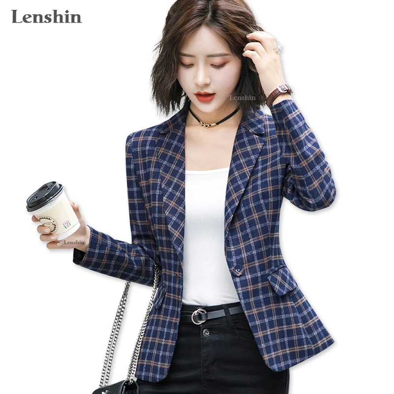 Meilleur Lenshin veste à carreaux de haute qualité douce et confortable avec poche bureau dame Style décontracté Blazer tenue de femme manteau à bouton unique