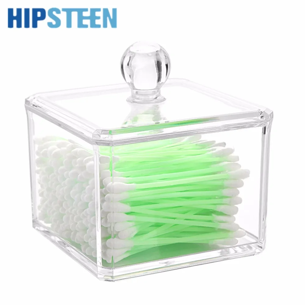 HIPSTEEN Square Clear Acrylic Q tip Holder Box Cotton Swabs Stick