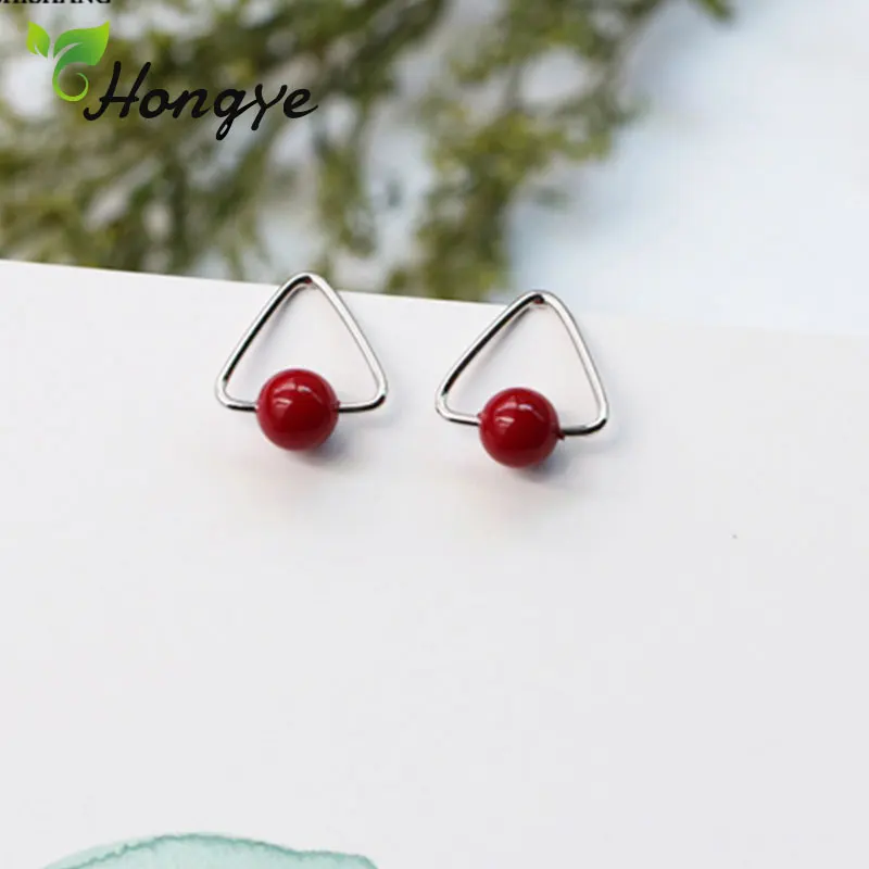 

Hongye Real Silver Earrings for Women Pearls Triangle Red Shell Pearl Female Stud Earrings Fine Jewelry 2019 Designer Girls Gift