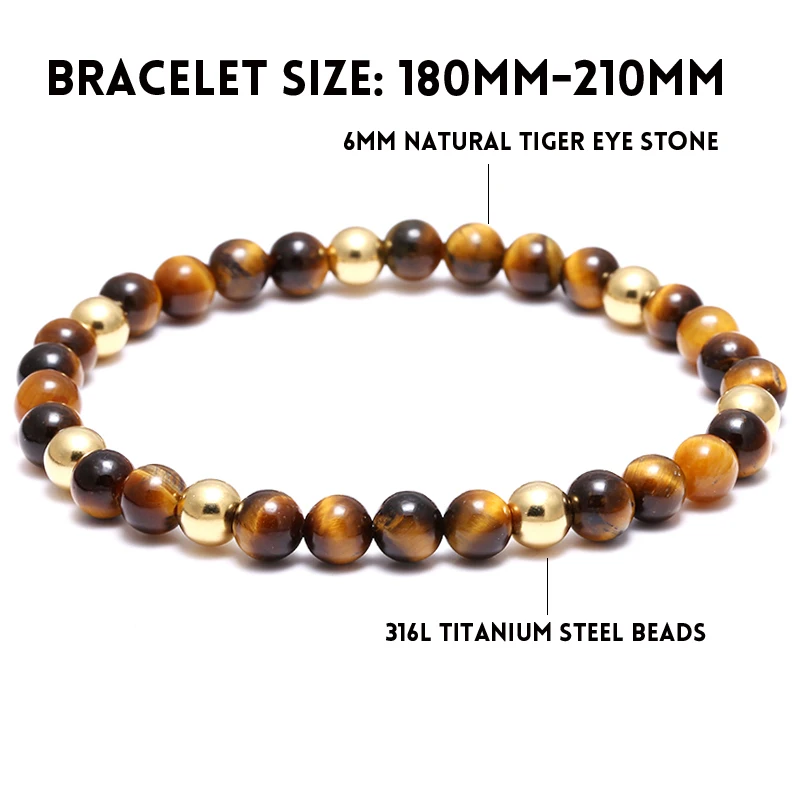 Mcllroy 6mm Titanium Steel Bead bracelet pulseiras masculinas natural stone tiger eye bracelets mens bracelet cuir homme