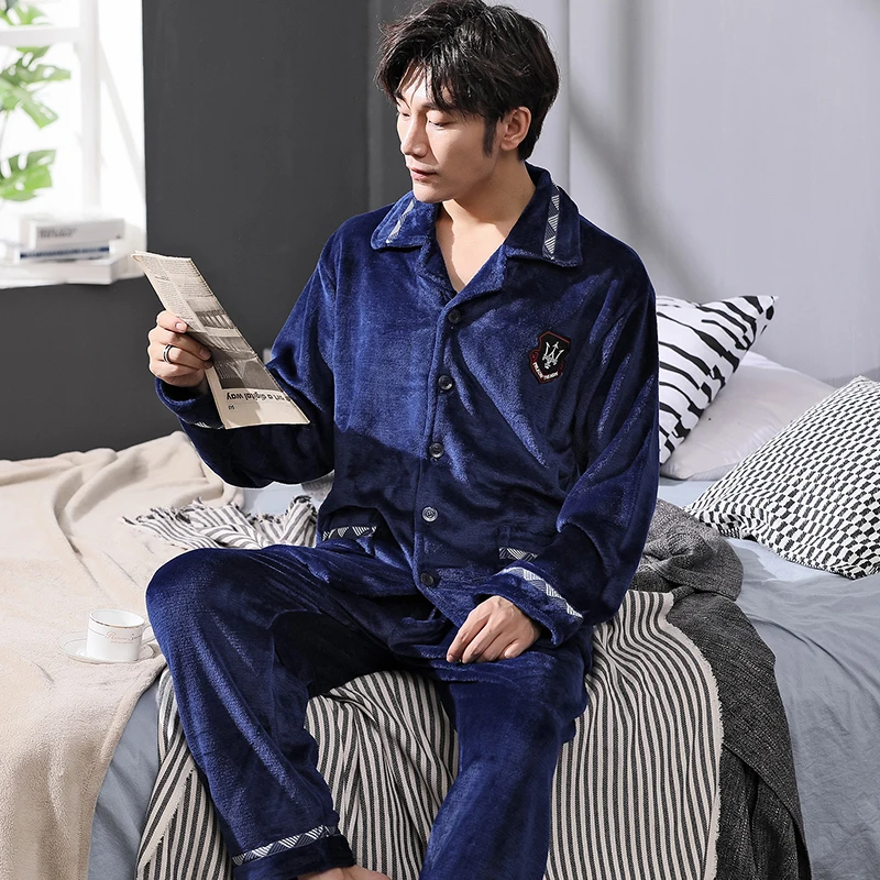 Autumn Winter Coral Fleece Warm Thicken Flannel Warm Pajamas Men's Long