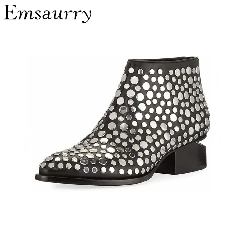 

Individual Silver Rivet Ankle Boots Women Point Toe Fretwork Med Heel Punk Style Motorcycle Boots Winter