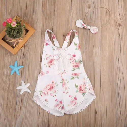 

Newborn Baby Girl Floral Clothes Jumpsuit Romper Sleeveless Backless Cute Headband 2pcs Summer Outfit Clothing Baby Girls 6M-4T
