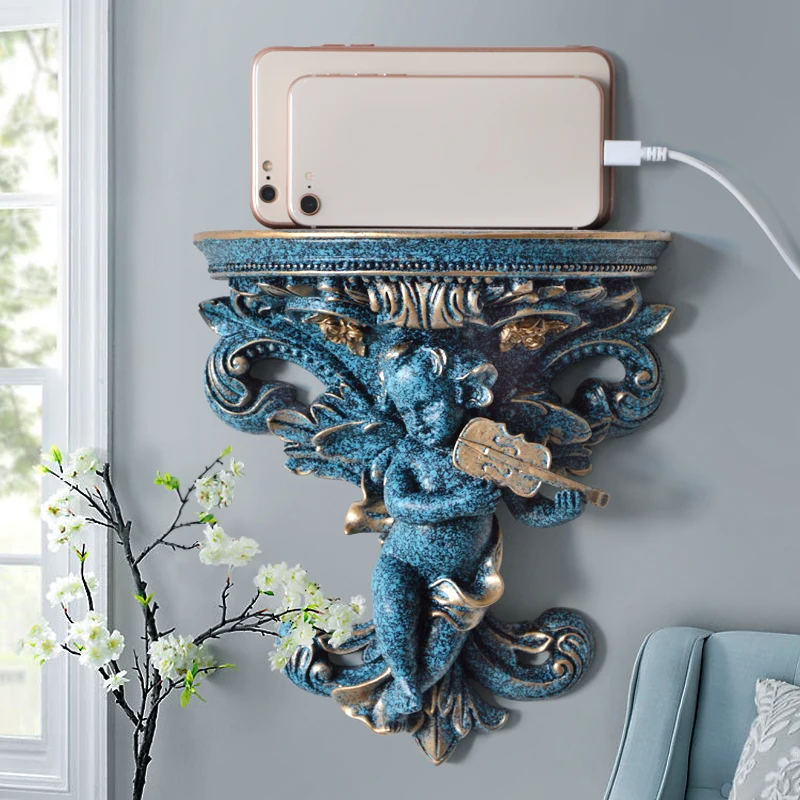

European Creative Wall Resin Angel Shelves Decoration Vintage Blue White Home Storage Holder Wall Shelf Organizer Home Decor