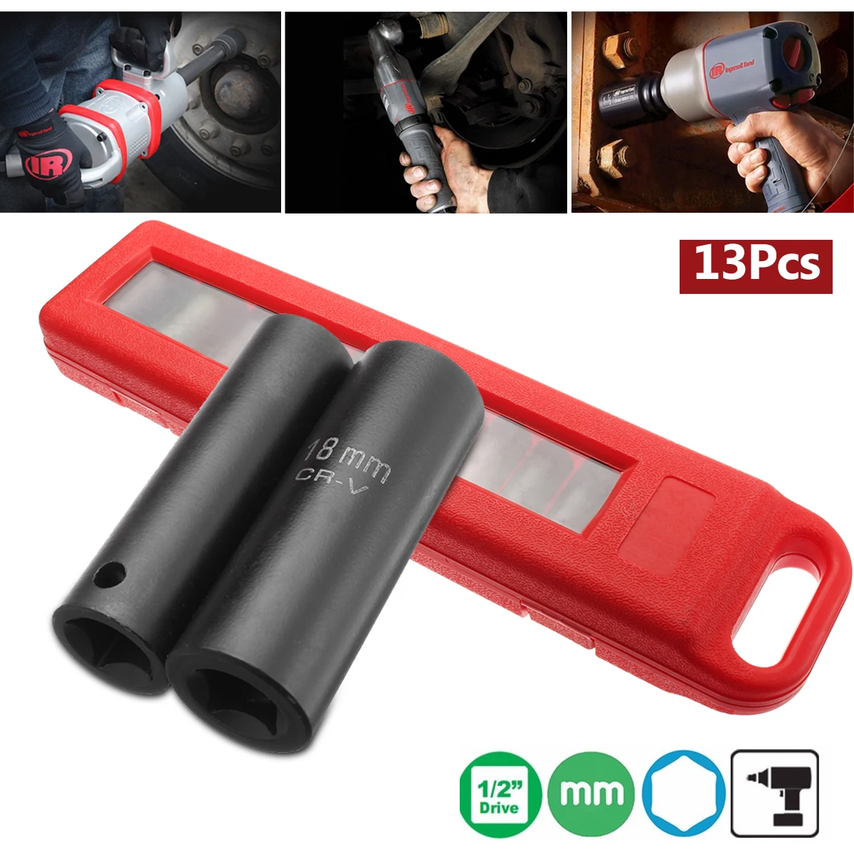 

13Pcs 1/2 Inch Deep Air Impact Sockets Set Metric Imperial Drive Air Garage Electric Wrench Tools Kits Socket Black 10-32mm