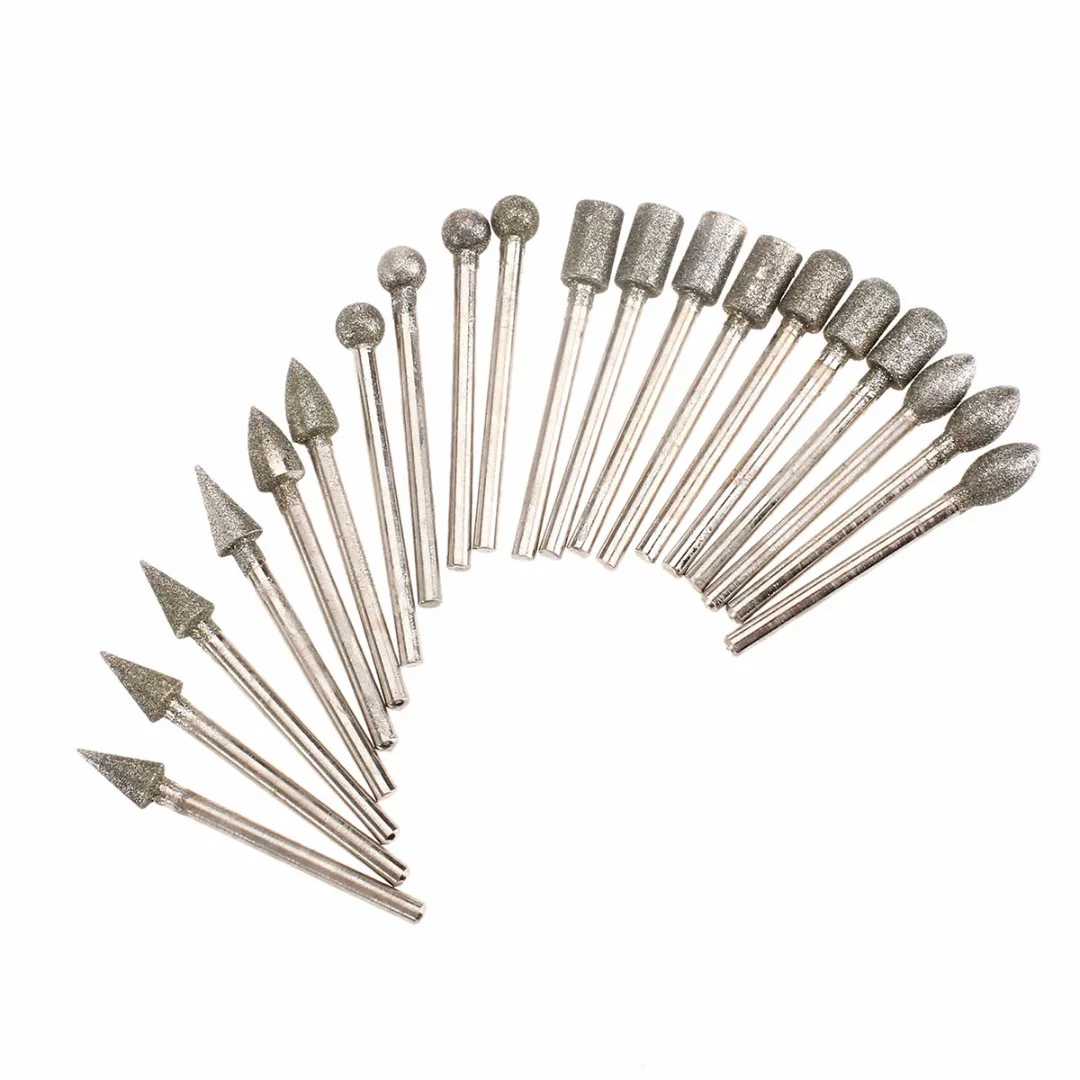 20pcs/set 3mm Shank Diamond Grinding Heads Mini Drill Burrs Bit Set for Rotary Tool
