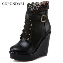 CDPUNDARI/ботильоны для женщин на высоком каблуке; ботинки на танкетке; женская зимняя обувь; Цвет черный, белый