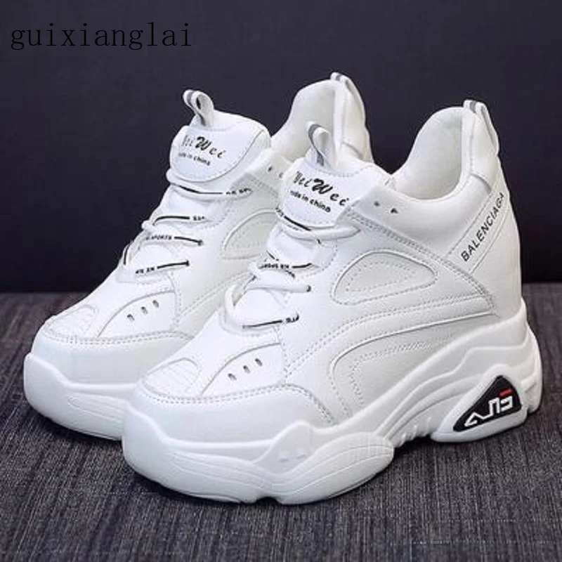 

2019 new womens high platform hidden heels wedge sneakers lace up height increasing casual shoes woman Vulcanize Shoes