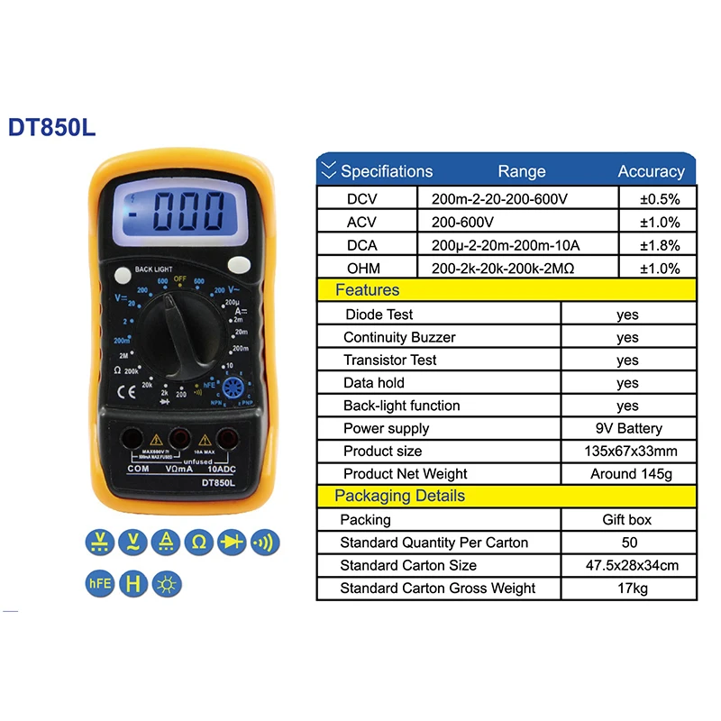 1 шт. DT830L мультиметр Цифровой AC/DC Ручной Амперметр токовый зажим клещи Вольтметр Амперметр мультиметр тестер мультиметр