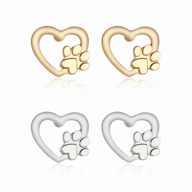 

Shellhard Fashion Women Cute Tiny Pet Dog Claw Cat Paw Print Love Heart Ear Stud Hollow Gold/Silver Stud Earrings Jewelry Gifts