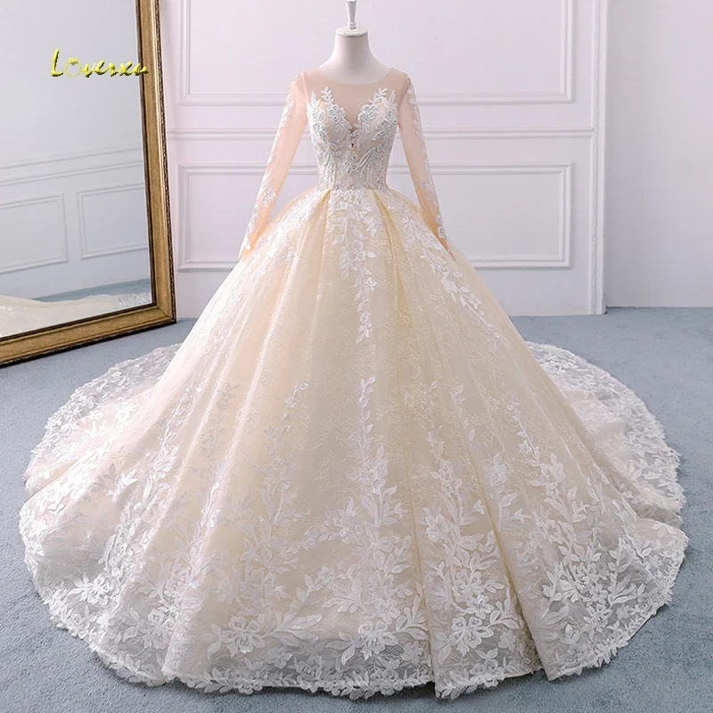 Loverxu Vestido De Noiva с глубоким круглым декольте расшитые бисером бальное платье свадебное длинный рукав аппликация Часовня свадебное платье с длинным подолом плюс размеры