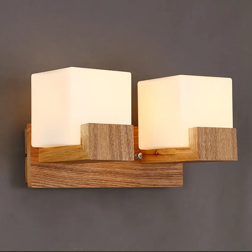 Modern Oak Wood Base glass Lampshade Led Wall Lamps Bedroom Bedside