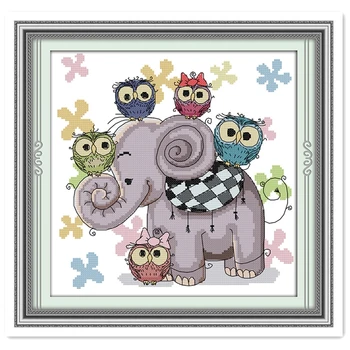 

Elephant And Owl Home Decor DMC Cross Stitch Fabric Paintings kits-for-embroidery Chinese Counted Cross Stitch Patterns Kit