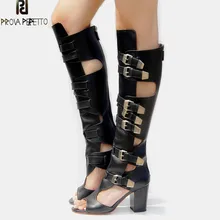 Prova Perfetto стиль высокие каблуки сандалии-гладиаторы женские открытые Сапоги выше колена сандалии из натуральной кожи Летняя обувь