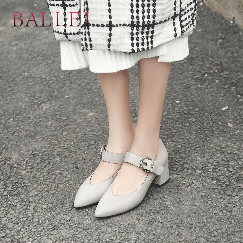

BALLEI Luxury Woman Retro Pumps High Quality Genuine Leather Elegant Pointed Toe Shoes Casual Square Heel Solid Buckle Pumps D18
