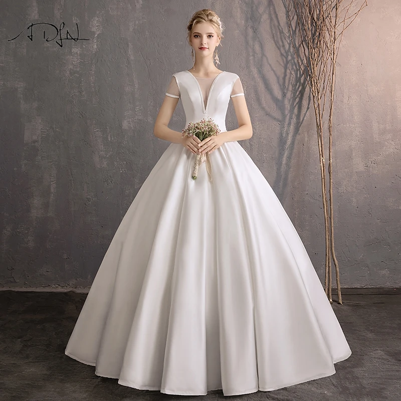 Adln Vintage White Ivory Satin A Line Wedding Dresses With Short