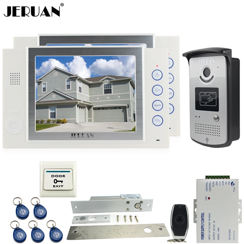 

JERUAN 8 inch video door phone Record intercom system kit Aluminum panel 700TVL RFID Access Camera 8GB SD card 1V2 In stock