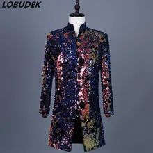 Мужские красочные блестки длинный костюм куртки Формальное тонкое пальто представление фрак певец из ночного клуба ведущий сценический костюм