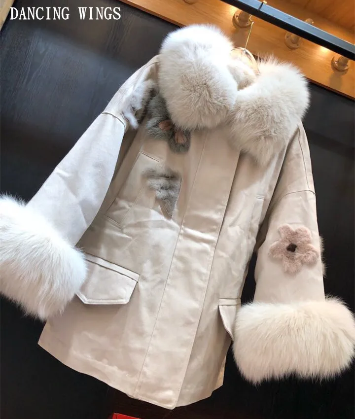 

Autumn Winter Real Fox Fur Collar Women Parkas Down Coats Jacket Exquisite Mink Fur Flowers Embroidery Lady Warm Outerwear