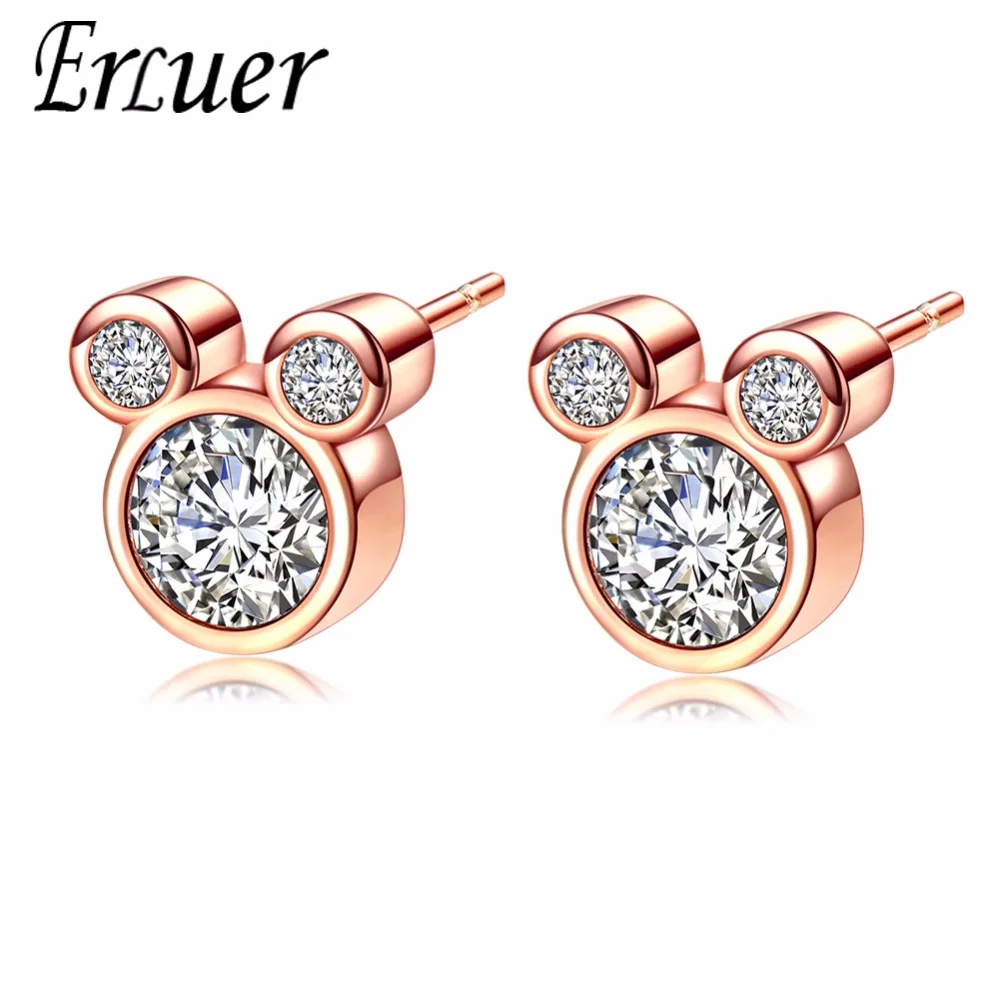 

ERLUER Mickey Stud Earring For Women Girls AAA Zircon Crystal Wedding Bridal Fashion Rose Gold Silver Color Earrings Jewelry