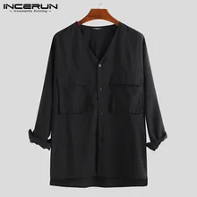 INCERUN, мужская рубашка с v-образным вырезом, пуговицами, карманами, длинным рукавом, Индивидуальные топы, одноцветные уличные повседневные рубашки для мужчин, Camisa размера плюс