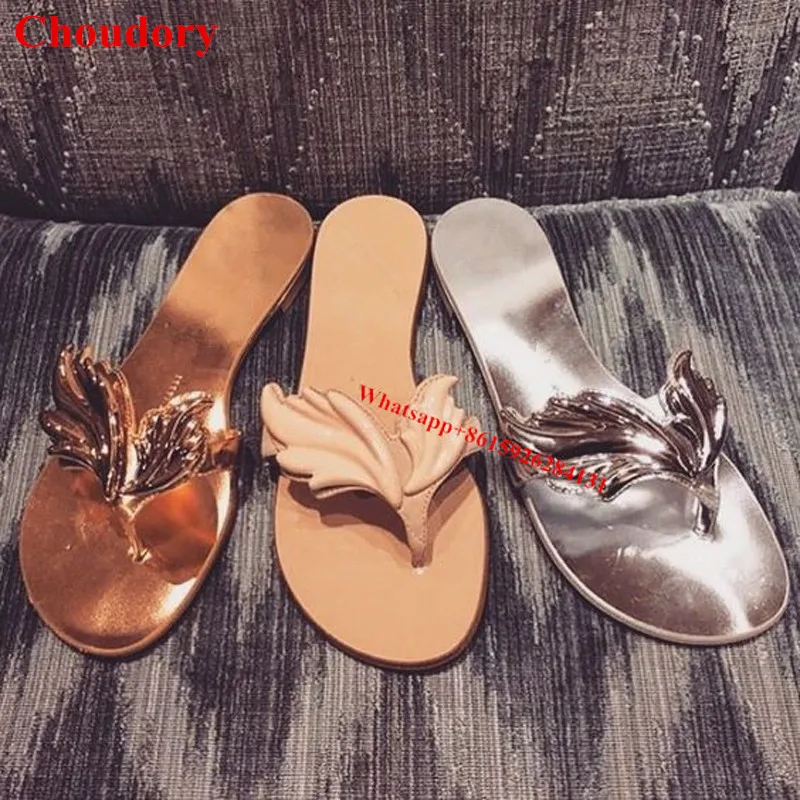 

Size 43 Gold/Silver Angel Wing Appliques Gladiator Flat Thong Sandals Casual Slip On Bling Bling Metallic Leather Women Shoes
