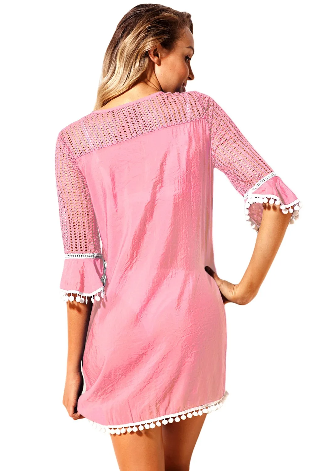 Pink-Crochet-Pom-Pom-Trim-Beach-Tunic-Cover-up-LC42231-10-3