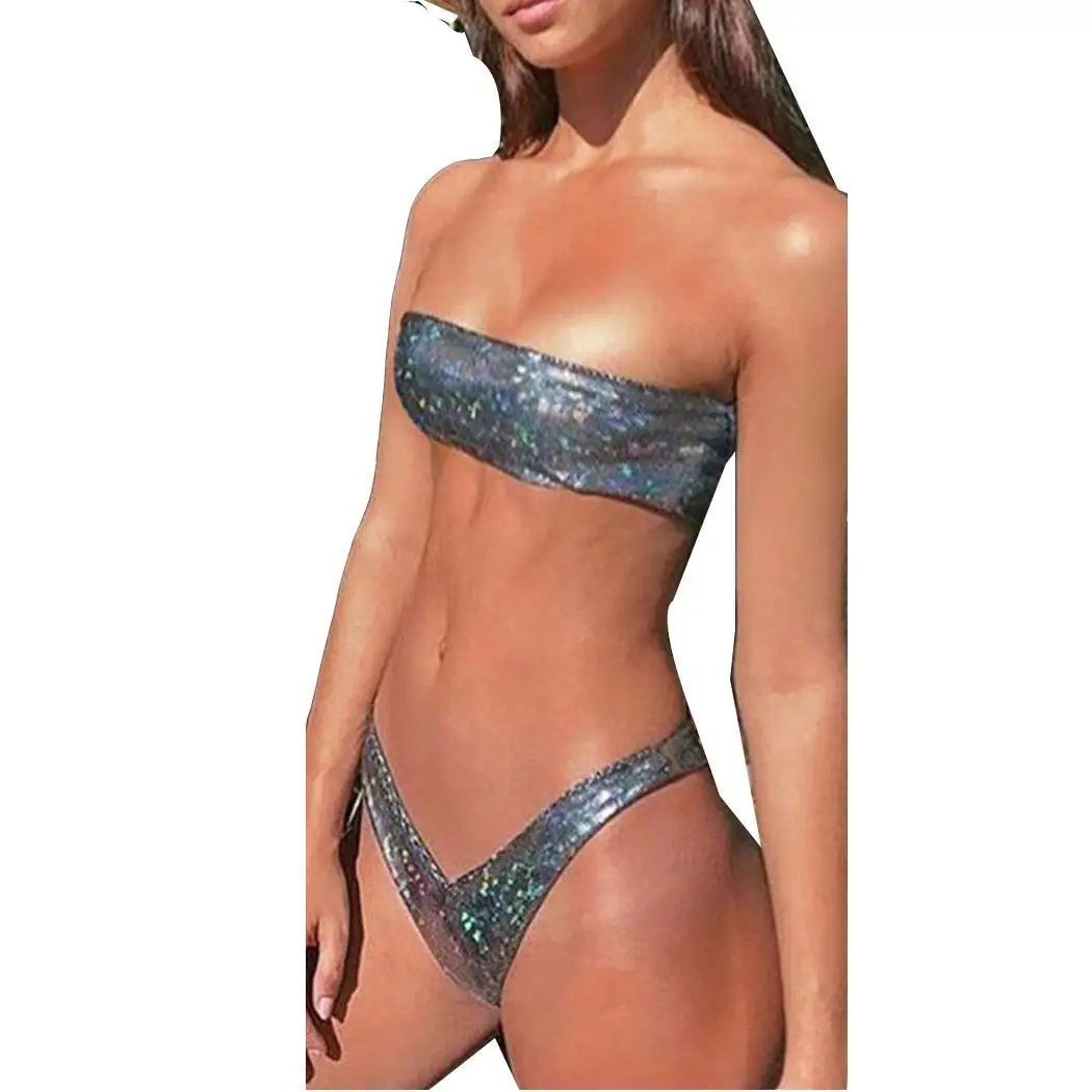 

Women Summer Sequined Shiny Swimsuit Two Wire Free Slim Padded Casual, Beach, Pool Piece Bathing Suit Solid