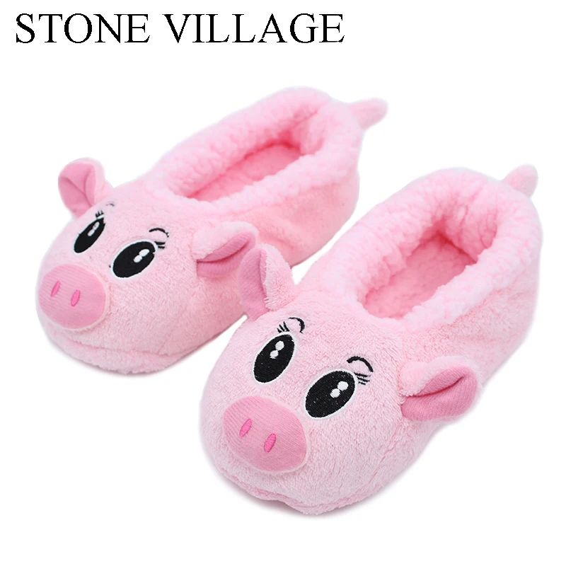 STONE VILLAGE Winter Cotton Slippers Pink Pig & Lovely Smiling Face Indoor Shoes Women Slippers Home Shoes Non-slip Soft Winter