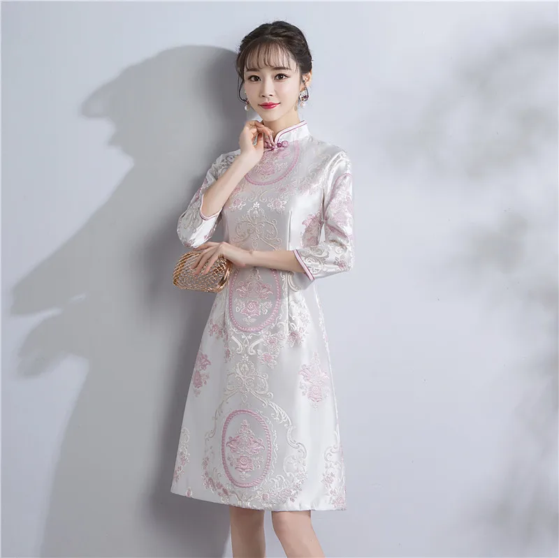 Шанхай история Aodai Стиль платье китайское традиционное платье парча Cheongsam Qipao платье по колено цветочный Винтаж платье