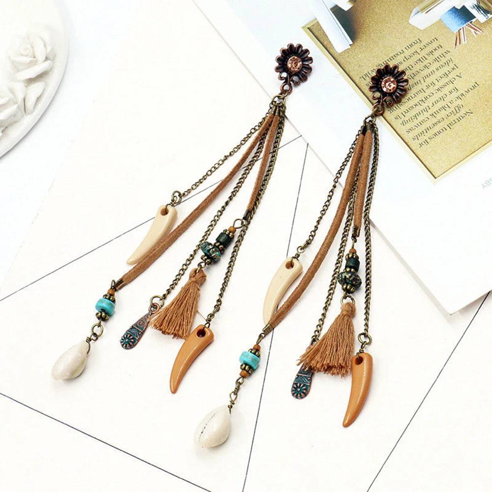 Women Bohemian Leather Tassel Earrings Vintage Long Tassel Fringe Boho