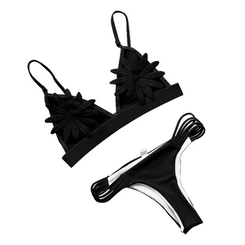 

2019 Women Summer Fashion Sexy Slim Fit Solid Color Mesh Beach Concise Split Bikinis Set Polyester Flower pattern Vacation