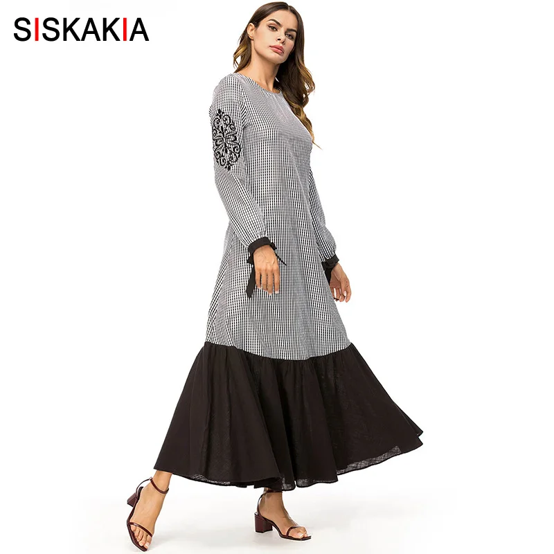 Siskakia модное клетчатое контрастное цветное лоскутное женское длинное платье винтажное этническое вышитое Макси платье с длинным рукавом Весна - Цвет: Plaid dress