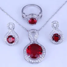 Специальный округлый Стад Серьги Подвеска Ожерелье Кольцо Красный Имитация граната и кубическим цирконием серебристого цвета Цвет Ювелирные наборы H0251