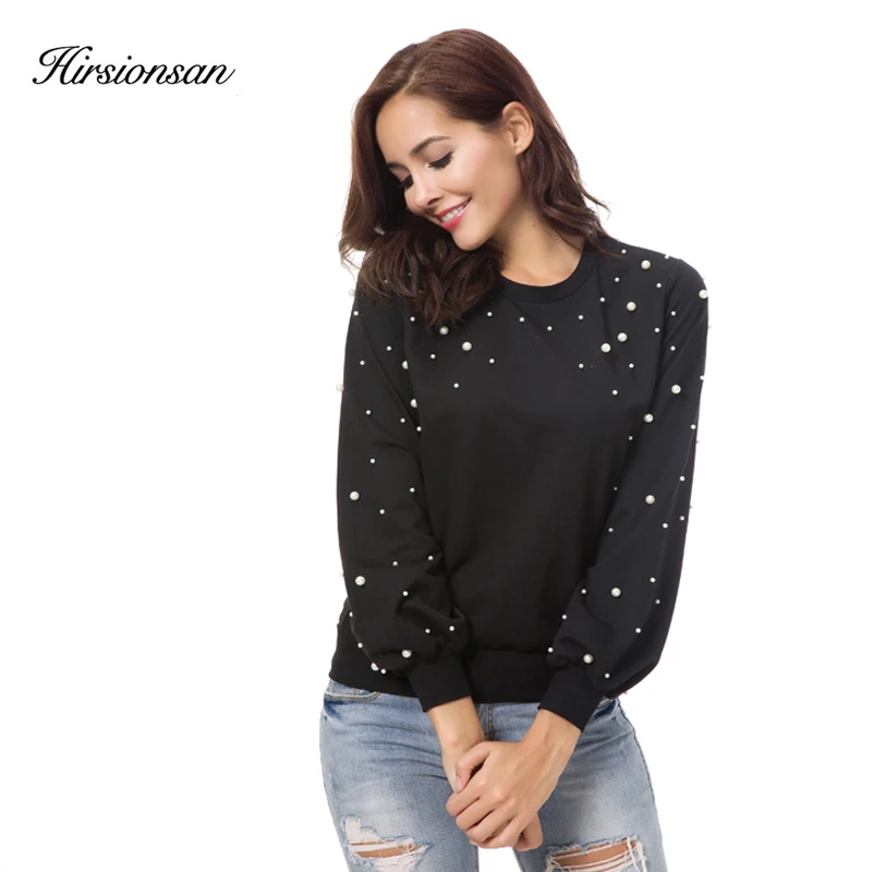 

Hirsionsan Pearl Beading Hoodies Sweatshirt Women Black Tops Harajuku O-Neck Long Sleeve Pullover Sweatshirt Ladies Casual Tops