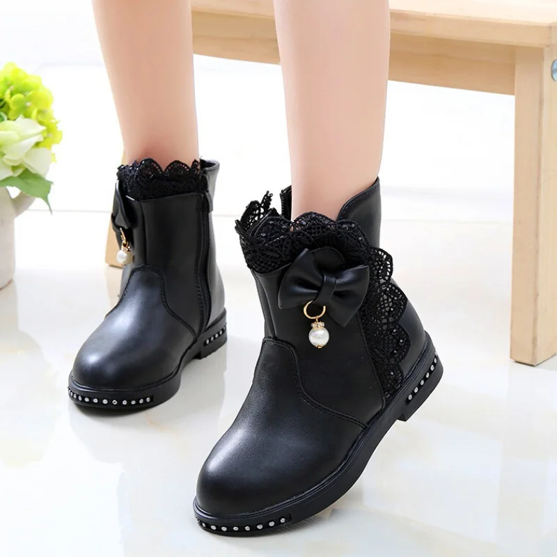 2019Autumn Winter Girls Boots Lace Bowtie Princess Leather Boots Thicken Children Waterproof Rubber Boots Kids Snow Cotton Shoes