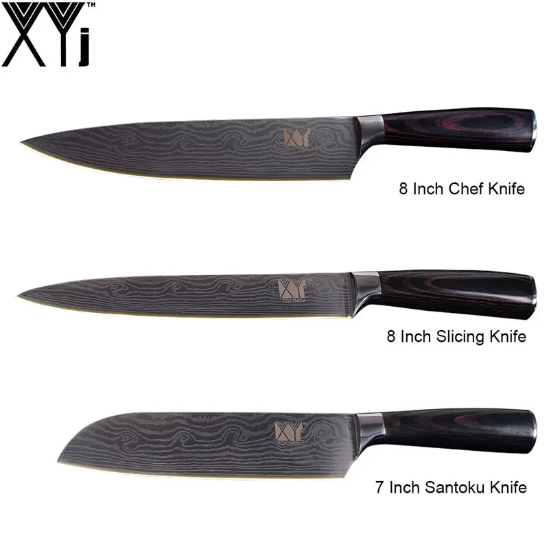 XYj 8 дюймов нож шеф-повара имитация дамасской стали Santoku кухонные ножи острый Кливер ножи для нарезки подарок нож инструменты - Цвет: E.(3 Pcs Set)