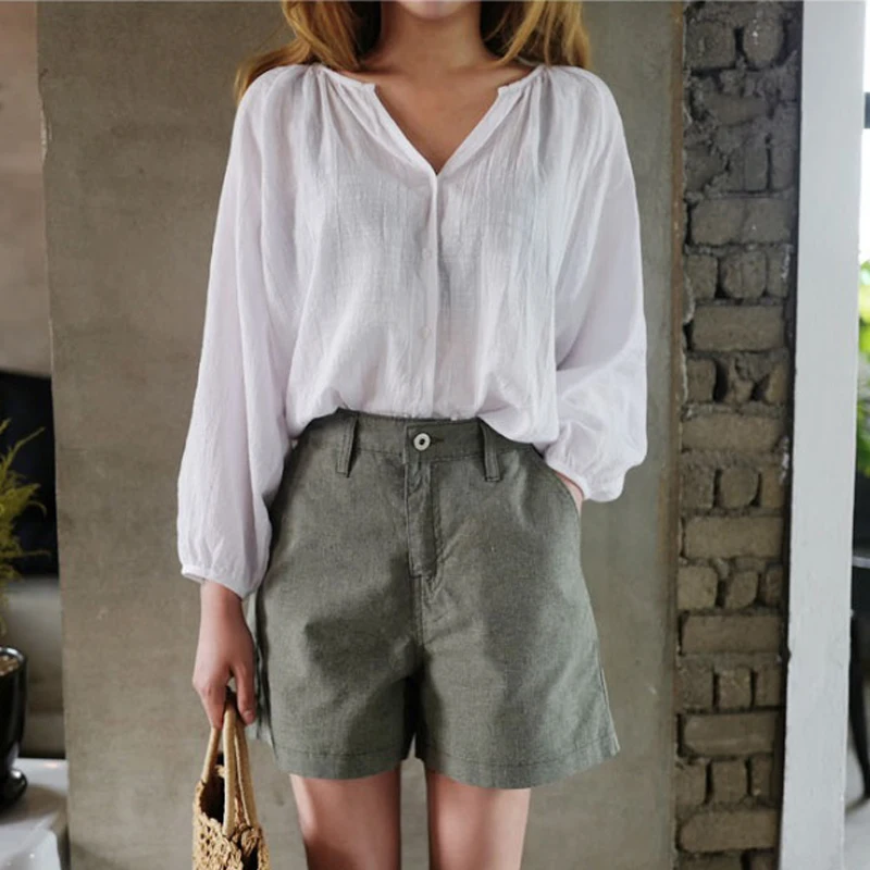 

blusas mujer de moda 2019 Linen Cotton White Shirt Casual Blouse Women Clothes Button V-Neck Korean Womens Tops Chemise Femme