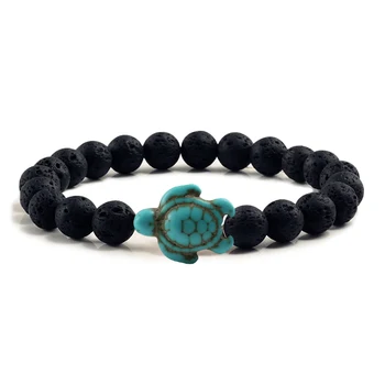 Summer Beach Sea Turtle Beads Bracelet for Men Charm Black Lava Natural Stone Bracelet Hamdmade Strand Elastic Bangles Jewelry