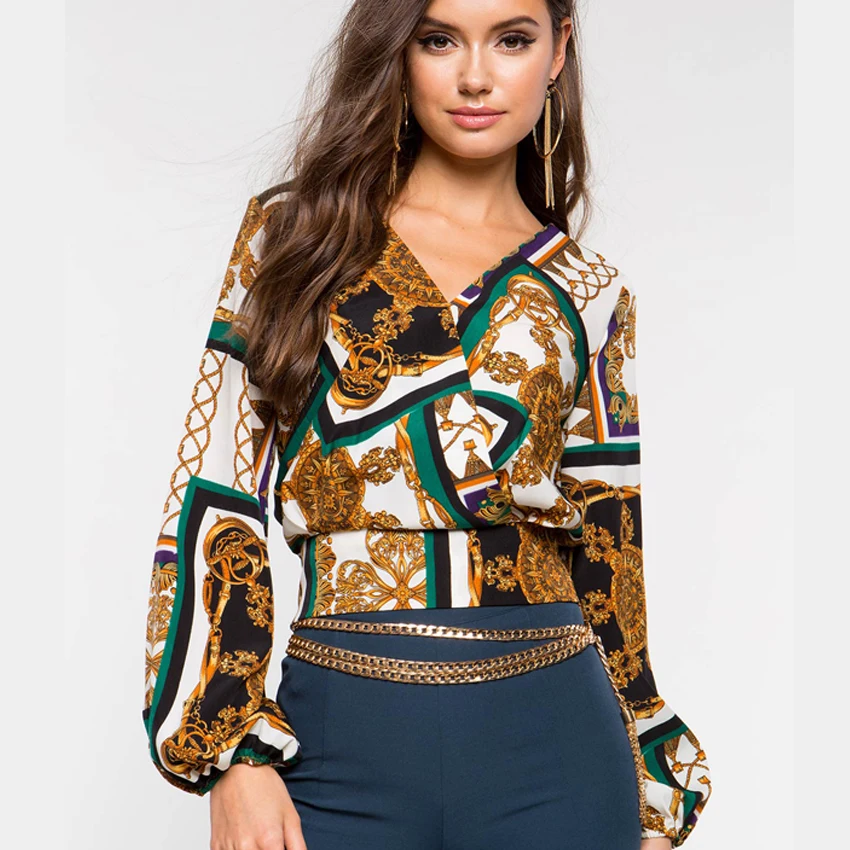 

2019 Long Sleeve Women summer fashion Baroque Shirts V Neck Floral Printed Casual Blouse Tops Flower Fitness Top Women Clothing