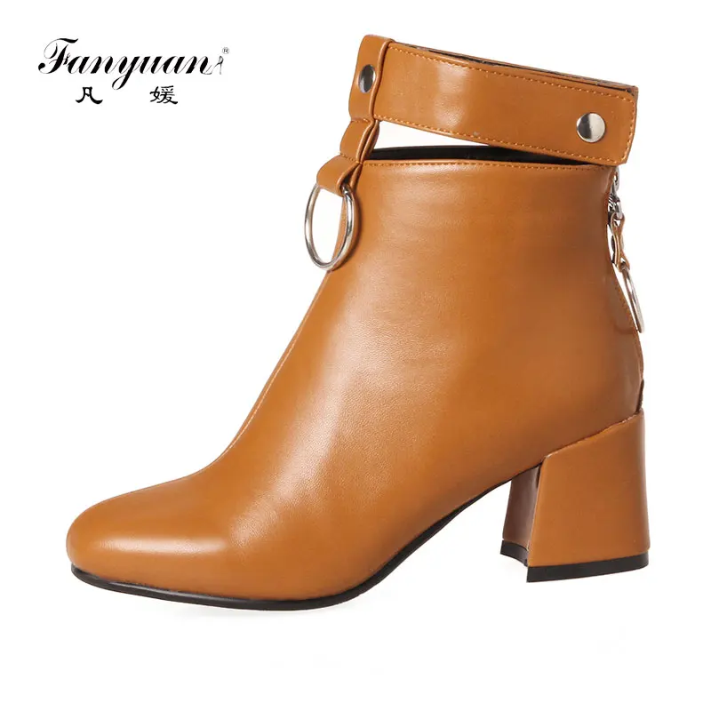 Fanyuan 2018 Women zipper Ankle Boots fashion Square toe women Short boots Mid heels boots Fashion Women boots size 32-46