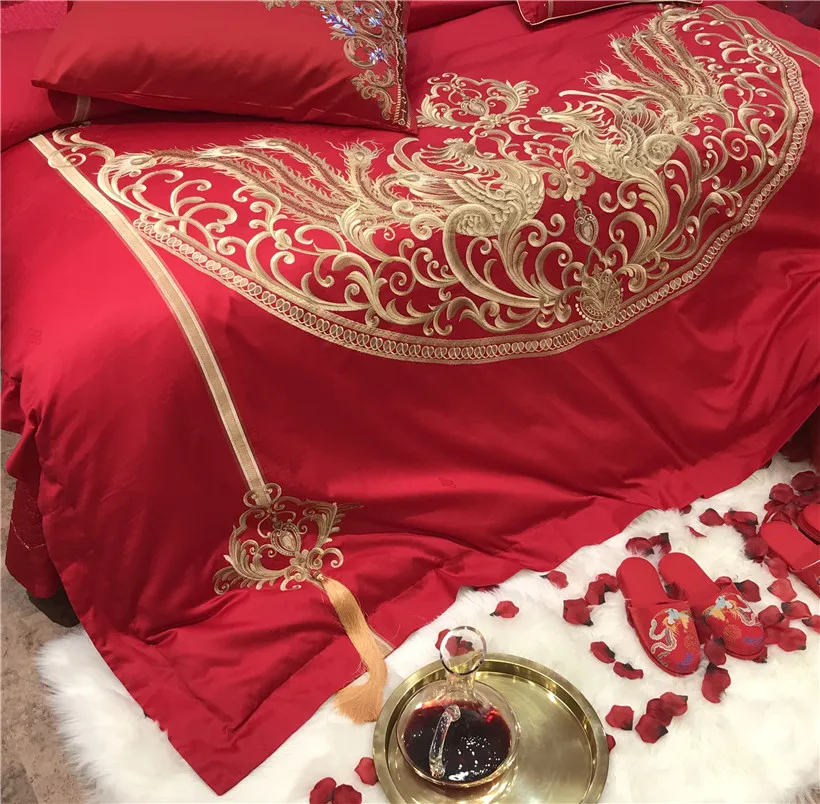 Waliicorners Egyptian Cotton Luxury Embroidery Red Wedding Bedding set Duvet cover Bed Sheets,Silky Ultra soft Queen King size 4/6/9- 10 IMG_8706