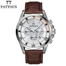 PATTOUS Дела Mens Платье Часы Реального Натуральная Кожа Часы Хронограф Часы Miyota Кварцевые Наручные Часы Подарочная Коробка Коричневый Серебро