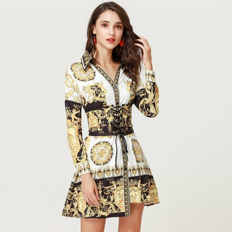 

High quality designer fashion autumn short dress Women's Long Sleeve V-Neck Vintage Print Belt Split Slim Party Dress vestido