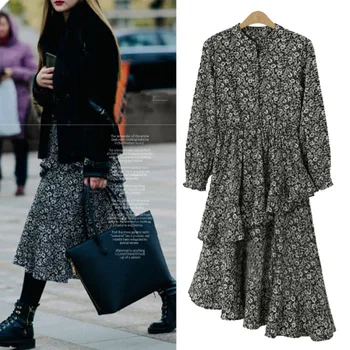 

2018 New Style Spring Large Yards Broken Flower Irregular Dress All Matched Loose Long Sleeve Temperament Mid-Calf Women's Dress