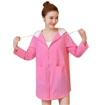 

2018 Summer Women Windbreaker New Loose Splice Sunscreen clothing Mediun long Long sleeve Hooded Casual Thin Windbreaker DT0040