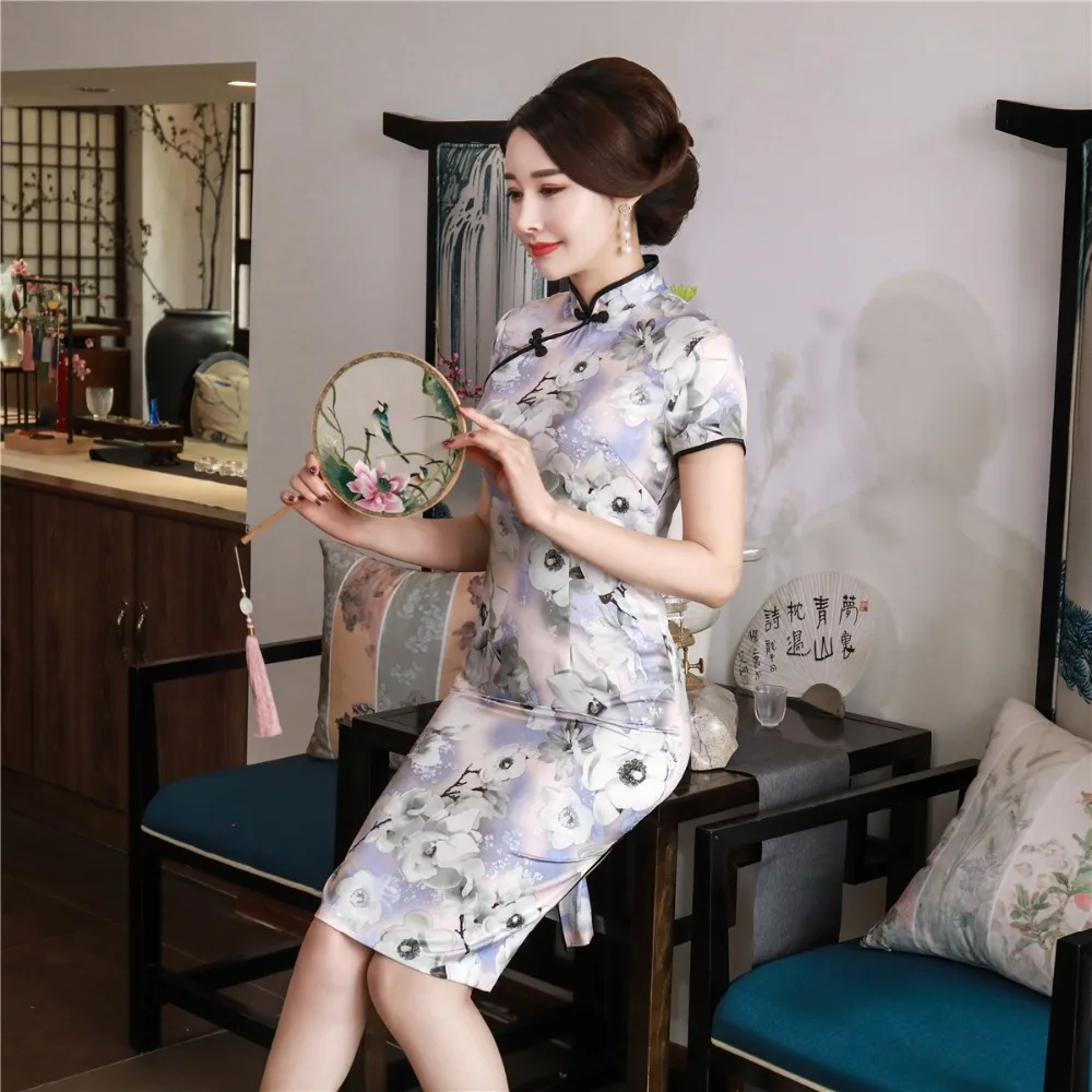 Шанхай история короткий рукав цветочный Qipao длиной до колена cheongsam платье китайский Восточный платья для женщин